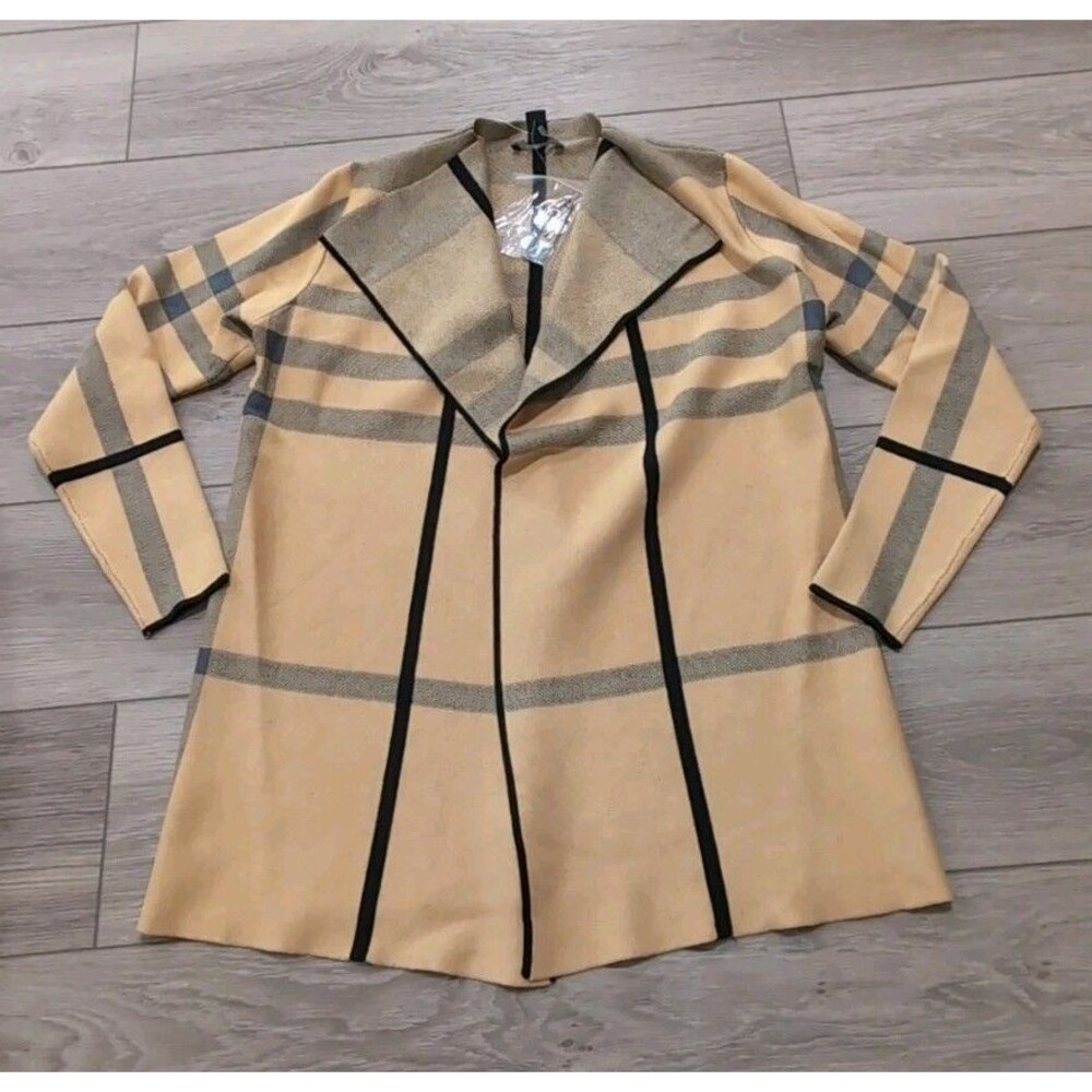 ALISON SHERI PLAID OPEN FRONT CARDIGAN W/PIN  BEIGE/BLACK WOMENS SZ SMALL Petite